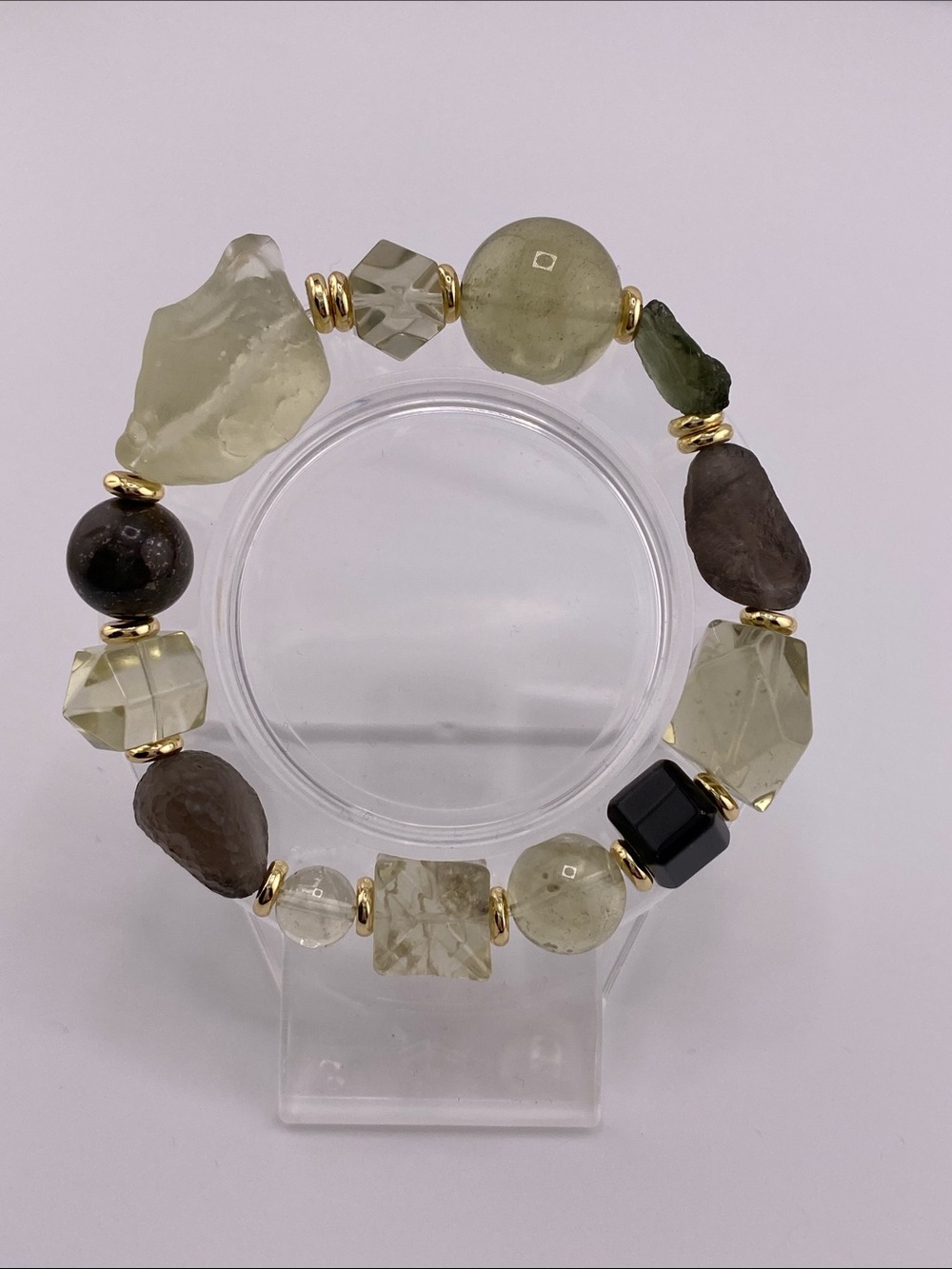 Elegant Multi-Stone moldavite Libyan Desert Glass Bracelet with Gold Accents